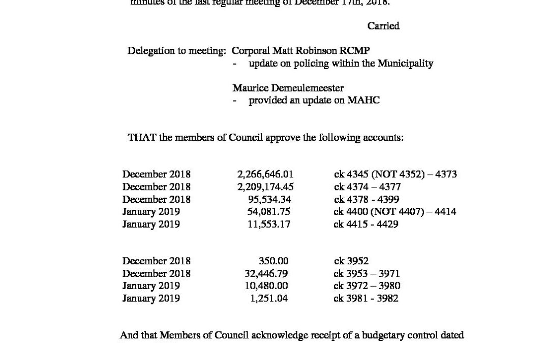 January 14th, 2019 Regular Council Meeting