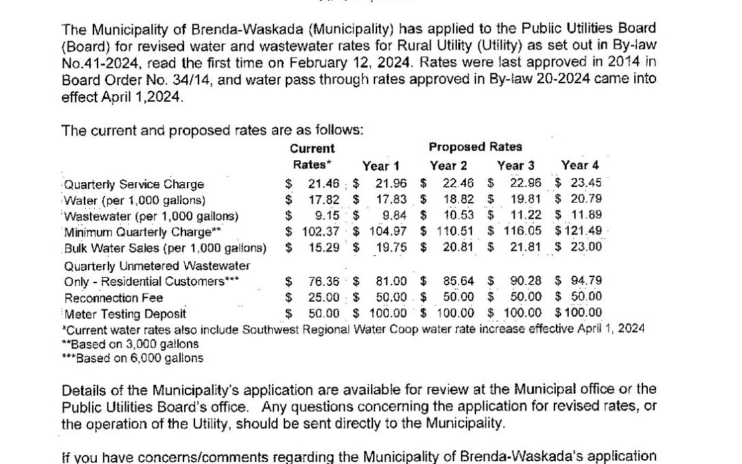 Notice of Application for Revised Water and Wastewater Rates Rural Utillity